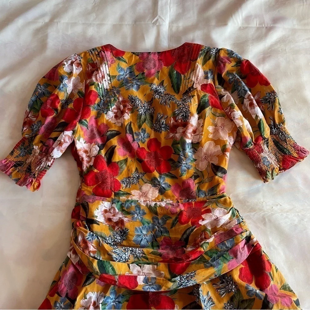 NICHOLAS- Orange Tangerine Floral Puff Sleeve Pintuck Mini Dress Size 4